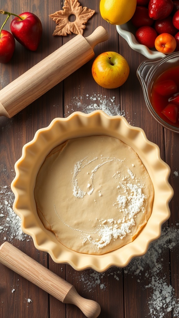 A golden-brown pie crust in a fluted dish, with flour and a rolling pin on a rustic table.